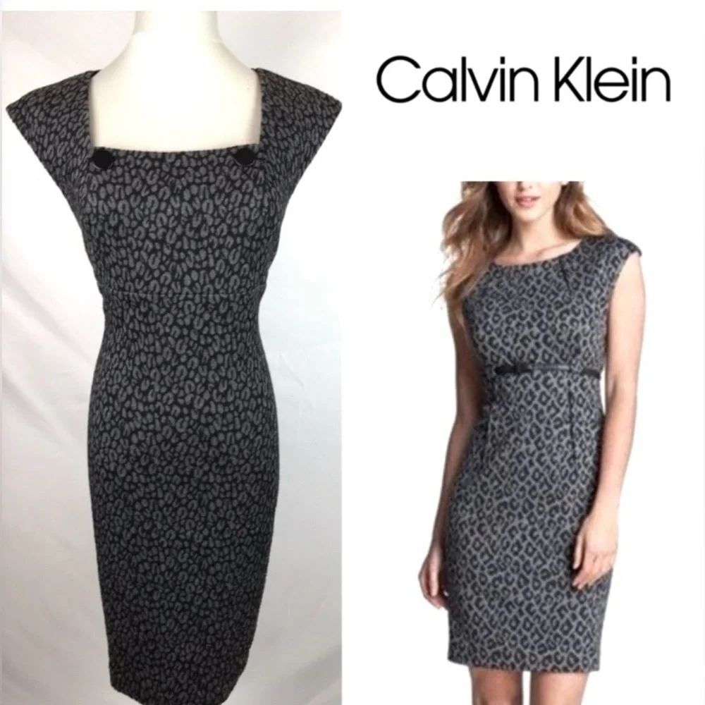 *Calvin Klein* Sz 12 Gray Leopard Print Cap-Sleeve Sheath Dress (No belt)